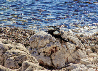 Obraz premium Old diving mask on a rock, near sea.