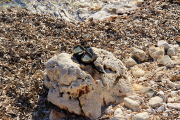 Old diving mask on a rock, near sea.