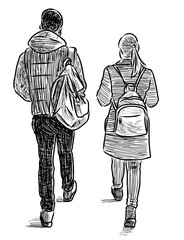 Fototapeta na wymiar Sketch of couple students walking along street