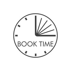 Logotipo con texto Book Time con libro abierto en reloj con lineas en color gris