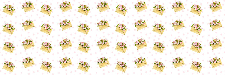 Watercolor seamless pattern with tulips envelope on white background