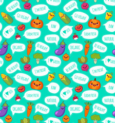 Cute funny vegetables with a speech bubble with a vegetarian label vector seamless pattern. Bright vegetables on white background. Can be used for textile, wallpaper, wrapping.