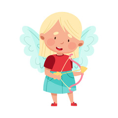 Pretty Girl Character with Wings Holding Bow Vector Illustration