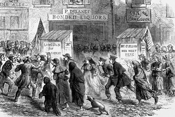 Election day in New York. A polling-place among the "lower twenty". November 1864. Antique illustration. 1867.