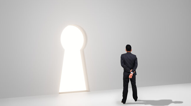 Businessman looking through key hole. Concept of success, 3d rendering