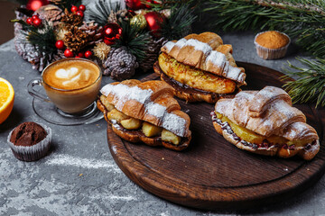 New Year's breakfast with croissants. set of three New Year's croissants. New Year's croissants with caramelized banana, orange and pineapple. New Year's baking