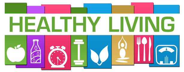 Healthy Living Colorful Stripes Health Symbols Text Horizontal 