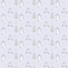 Snowman, birds and pine, cute snowy winter pattern in sketch style