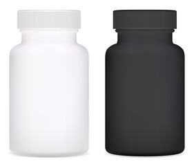 Supplement bottle. Plastic vitamin pill bottle vector isolated in white background. medical jar black mockup for tablet or capsule. Pharmaceutical container template design. Prescription remedy