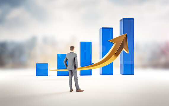 Business growth and success statistics chart. Corporate analysis of money profit increase. Financial market increase of investment. Businessman wathcing growth. 3D rendering.