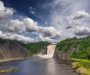Powerful waterfalls in Quebec, Canada. Montmorency Falls on a beautiful summer day