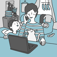 散らかった部屋でテレワークをする子持ちの男性