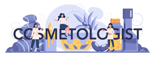 Cosmetologist typographic header, skin care and treatment. Young woman treating