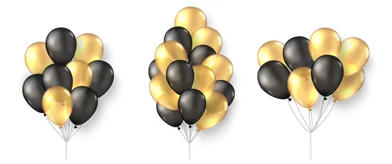 Fotobehang Gold black balloons. 3d realistic happy holidays flying air helium ballon mock up. © elena_garder