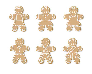 A set of Christmas smiling gingerbread men on a white background. sweet cookies, delicious baked goods for the holiday. Symbols of Happy New Year and Christmas. Vector flat illustration