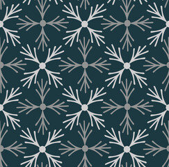 Geometric abstract snowflake seamless pattern. Christmas, all winter holiday concept. Simple sketch doodle style design. Dark blue color background is easy to change