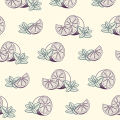 Vintage pattern design with herbal tea ingredients - lemon and mint. Vector seamless background with ink hand drawn lemon and mint.