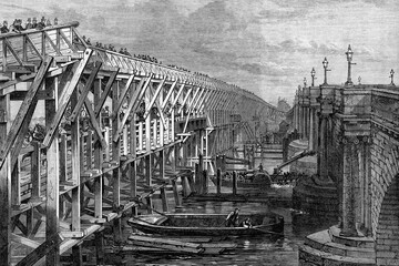 Fototapeta premium Temporary bridge over the Thames river at Blackfriars, London, England, 1864. Antique illustration. 1867.