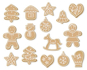 set of Christmas gingerbread. sweet cookies in the form of a man, at home, snowman, heart and other items. delicious baking for the holiday. Symbols of Happy New Year and Christmas. Vector