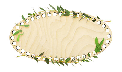 Decorative oval wooden slab with holes and eucalyptus green leaves
