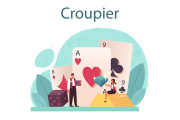 Croupier concept. Dealer in casino near roulette table. Person in uniform