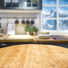 Desk of free space and kitchen interior 