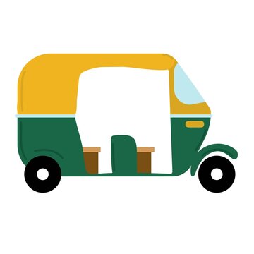 Flat style hand drawn rickshaw. Yellow and green. Symbol of India. Vector illustration isolated on white background.