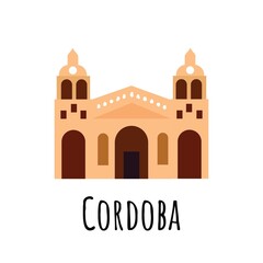 City Cordoba in Argentina. Colored temple with dark doors. Vector illustration isolated on white background.