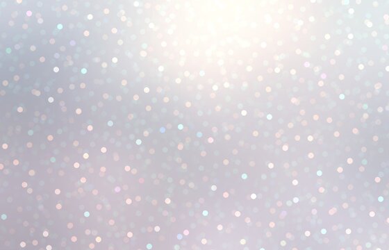 Iridescent sparkling bokeh snow effect on light silver background. Pastel glittering winter holidays illustration.