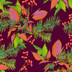 Christmas bouquet, poinsettia with fir and berries, seamless pattern.

