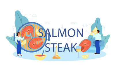 Salmon steak typographic header. Chef cooking grilled fish steak