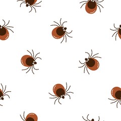 Seamless pattern cartoon brown tick insect icon isolated on white background. Mite bug drawn abstract print, vector flat design