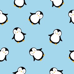 Cute Penguin Cartoon Seamless Pattern on Blue Background Kawaii style