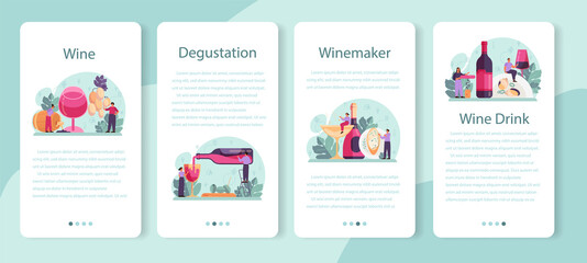 Wine mobile application banner set. Grape wine in a bottle