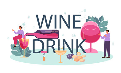 Wine drink typographic header. Grape wine in a bottle and glass full