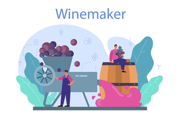 Wine maker concept. Grape wine in a wood barrel, bottle