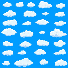 White cartoon clouds set isolated on blue background. Collection of different cartoon clouds for background template, wallpaper and sky design. Cartoon clouds vector. Sky illustration