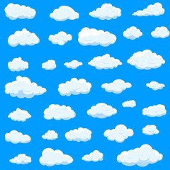 White cartoon clouds set isolated on blue background. Collection of different cartoon clouds for background template, wallpaper and sky design. Cartoon clouds vector. Sky illustration