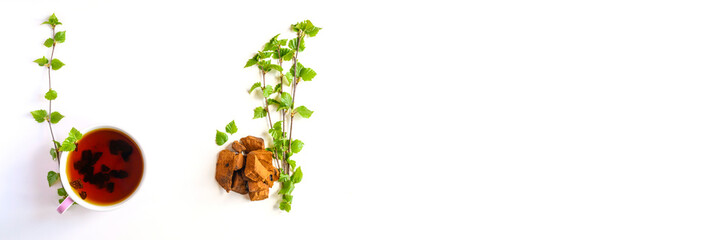 Cup of tea of birch chaga mushroom and crushed chaga fungus pieces for tea brewing isolated on a white background. banner. space for text