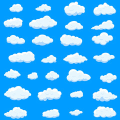 White cartoon clouds set isolated on blue background. Collection of different cartoon clouds for background template, wallpaper and sky design. Cartoon clouds vector. Sky illustration