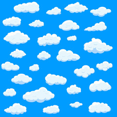 White cartoon clouds set isolated on blue background. Collection of different cartoon clouds for background template, wallpaper and sky design. Cartoon clouds vector. Sky illustration