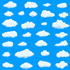 White cartoon clouds set isolated on blue background. Collection of different cartoon clouds for background template, wallpaper and sky design. Cartoon clouds vector. Sky illustration