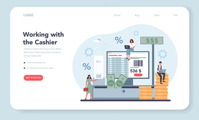Cashier web banner or landing page. Worker behind the cashier