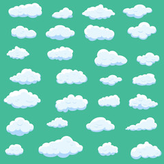 White cartoon clouds set isolated on green background. Collection of different cartoon clouds for background template, wallpaper and sky design. Cartoon clouds vector. Sky illustration