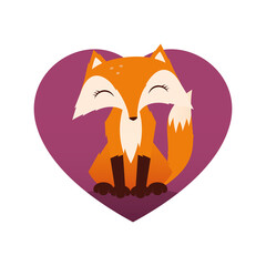 Vector sitting little cute cartoon fox in heart. Isolated on a purple background.