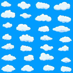 White cartoon clouds set isolated on blue background. Collection of different cartoon clouds for background template, wallpaper and sky design. Cartoon clouds vector. Sky illustration