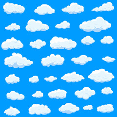 White cartoon clouds set isolated on blue background. Collection of different cartoon clouds for background template, wallpaper and sky design. Cartoon clouds vector. Sky illustration