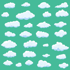 White cartoon clouds set isolated on green background. Collection of different cartoon clouds for background template, wallpaper and sky design. Cartoon clouds vector. Sky illustration