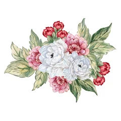 Papier Peint photo Pivoines Illustration à l& 39 aquarelle fleurs de pivoines à feuillage oriental fleurissent et feuilles de style asiatique pour la mode d& 39 impression de tissu à la mode, rsvp, planificateur, scrapbook