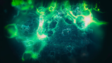 structure of small abstract elements flowing into each friend with glare blue-green, 3d render, blurred image